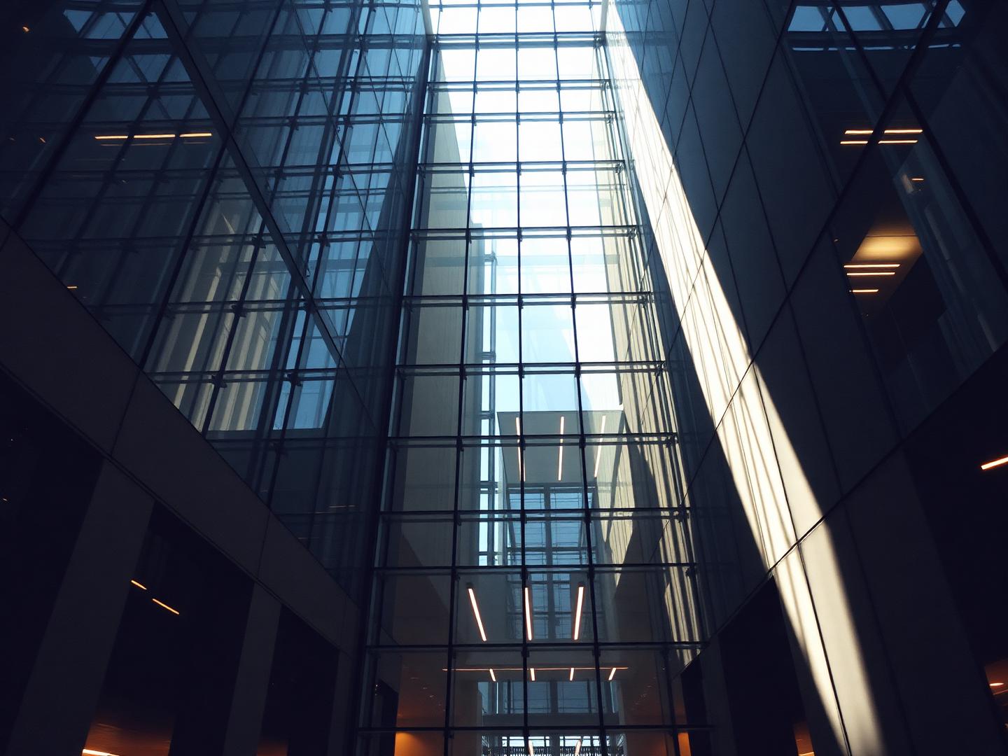Modern glass office atrium with strong geometric architecture