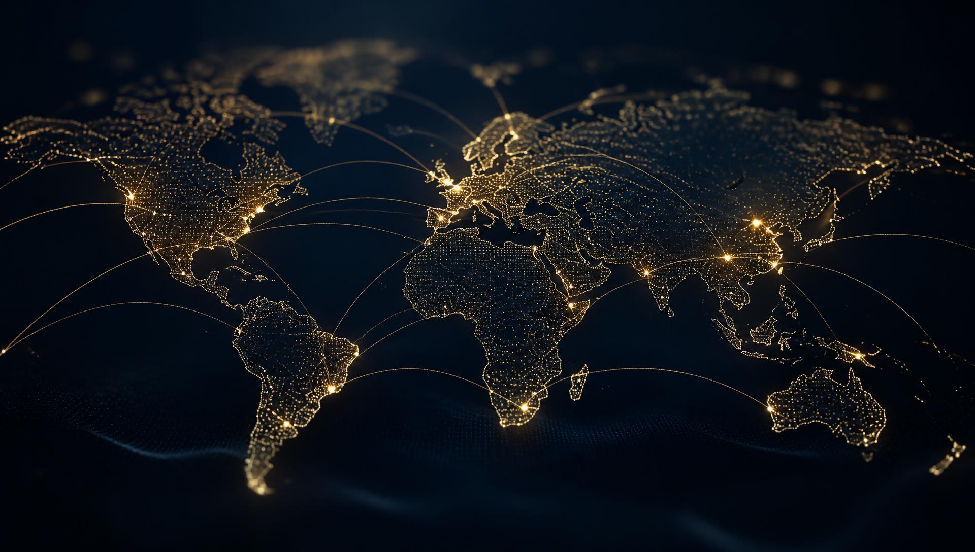 Abstract world map of illuminated points connected by global network lines